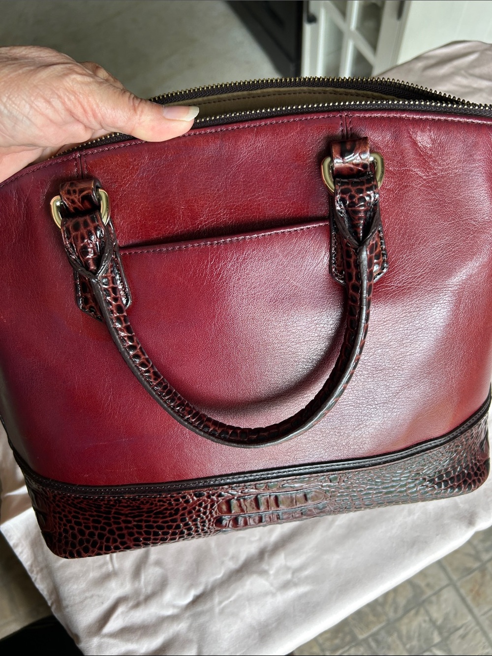 Brahmin Burgundy Leather Satchel with Croc-Embossed Trim - Picture 10 of 16